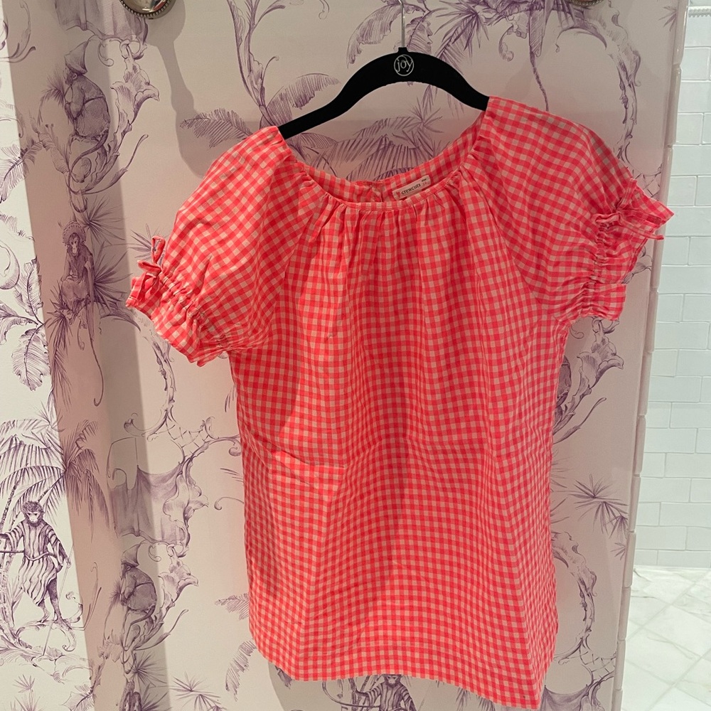 Crewcuts pink and white checkered top with tie sleeves